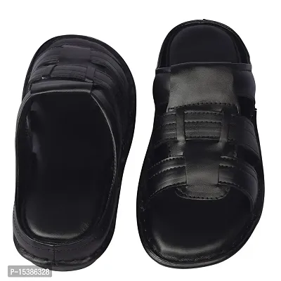 Stylish Black Self Design Leather Slippers For Men