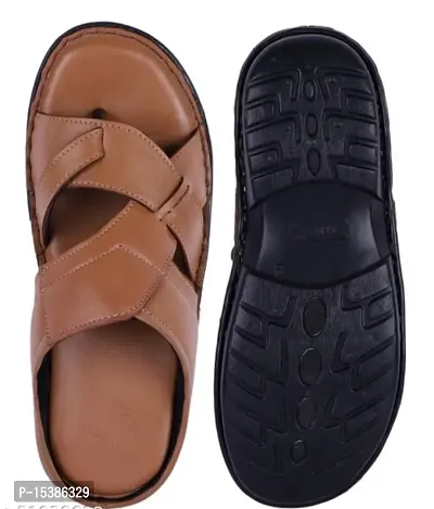 Stylish Brown Self Design Leather Slippers For Men