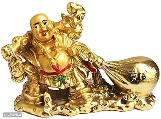 Resin Vastu Feng Shui Laughing Buddha Drag The Money Potli Showpiece Gold-thumb0