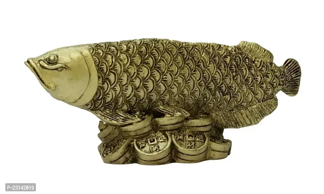 Vastu Feng Shui Brown Long Arowana Fish On Money Coins Bed For Wealth And Prosperity Decoration Showpiece