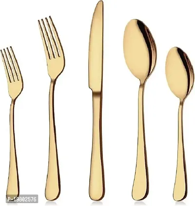 VONITY Golden Plated Stainless Steel Flatware Set of 5, Elegant Mirror Polished Cutlery Tableware Includes Dinner Fork-Tea Spoon-Salad Fork-Dinner Spoon-Knife, Dishwasher Safe (Golden) (E-87433)