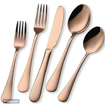 VONITY Mirror Finish Rose Gold Plated Stainless Steel Flatware Set of 5, Elegant Cutlery Tableware Includes Dinner Fork-Tea Spoon-Salad Fork-Dinner Spoon-Knife, Dishwasher Safe (Rose Gold) (B-7488)