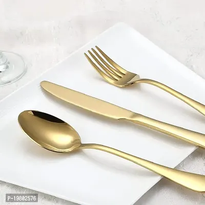 VONITY Golden Plated Stainless Steel Flatware Set of 5, Elegant Mirror Polished Cutlery Tableware Includes Dinner Fork-Tea Spoon-Salad Fork-Dinner Spoon-Knife, Dishwasher Safe (Golden) (E-87433)-thumb5