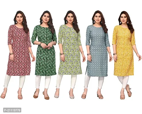 Women Printed Crepe Straight Kurti Combo of 5-thumb0