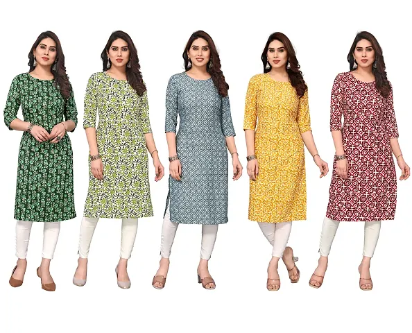 Stylish Printed Crepe Straight Kurti Combo of 5