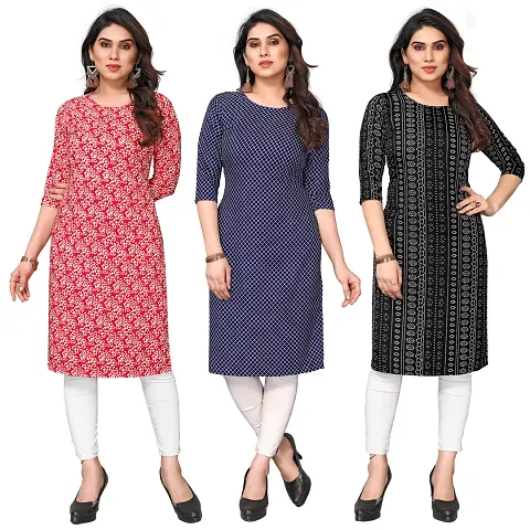 Women Printed Crepe Straight Kurti Pack of 3