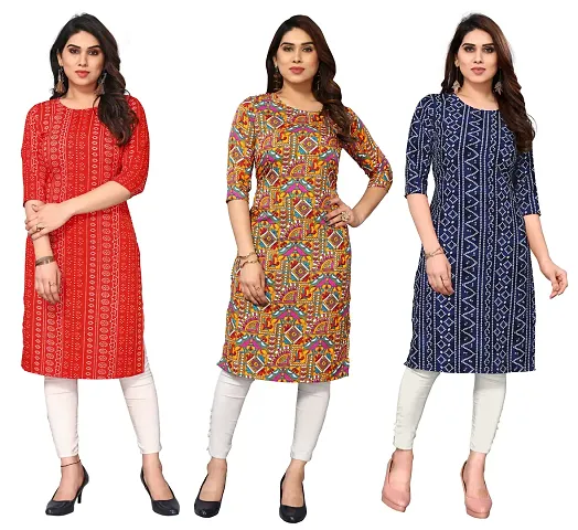 Women Printed Crepe Straight Kurti Pack of 3