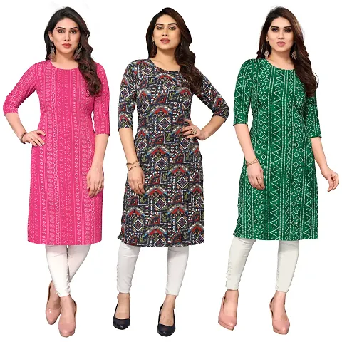 Women Printed Crepe Straight Kurti Pack of 3