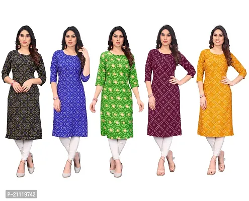 Women Printed Crepe Straight Kurti Combo of 5