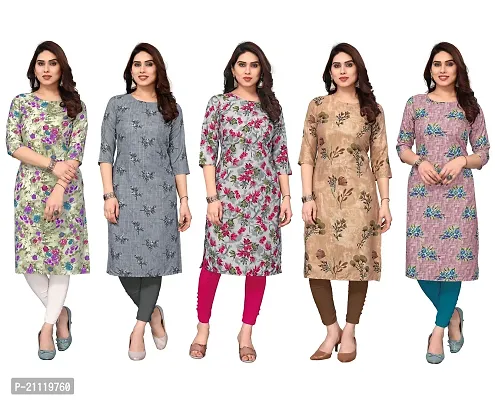 Women Printed Crepe Straight Kurti Combo of 5