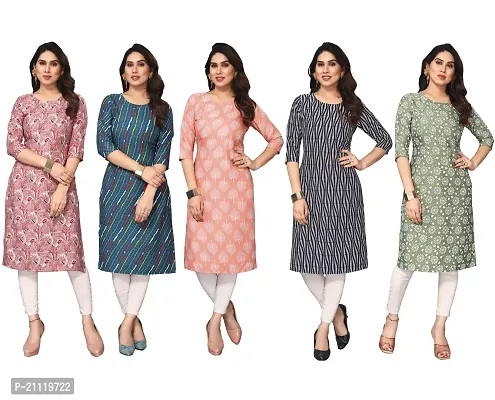 Women Printed Crepe Straight Kurti Combo of 5-thumb0