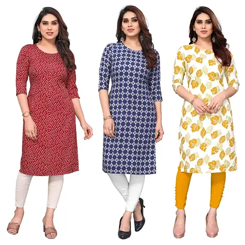 Women Printed Crepe Straight Kurti Pack of 3