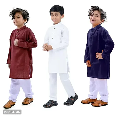 Trender Ethnic Wear White, Maroon and Navy Blue Color Rayon Full Sleeve Plain Kurta and One Pyjama (Pack of 4)