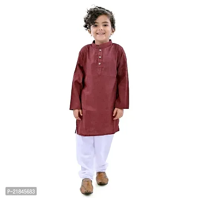 Trender Ethnic Wear Marron Cotton Blend Full Sleeve Plain Only Kurta For Kids