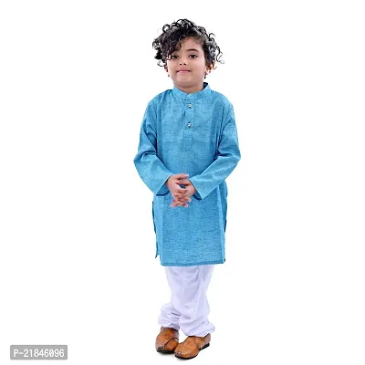 Trender Ethnic Sky Blue Wear Cotton Blend Full Sleeves Plain Kurta Set For Kids-thumb2