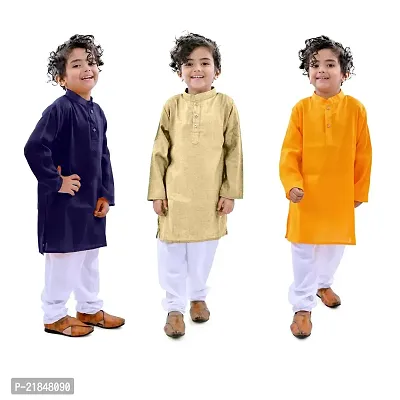 Trender Ethnic Wear Navy Blue, Yellow and Cream Color Rayon Full Sleeve Plain Kurta and One Pyjama (Pack of 4)
