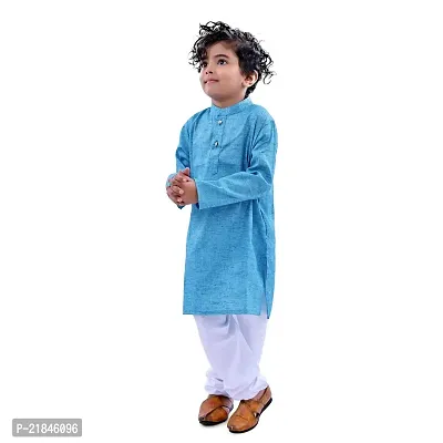 Trender Ethnic Sky Blue Wear Cotton Blend Full Sleeves Plain Kurta Set For Kids