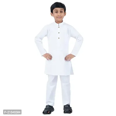 Trender Ethnic Wear White Cotton Blend Full Sleeves Plain Kurta  Pyjama Set For Kids