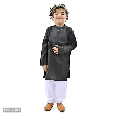 Trender Ethnic Wear Black Cotton Full Sleeves Plain Kurta Set For Kids-thumb0