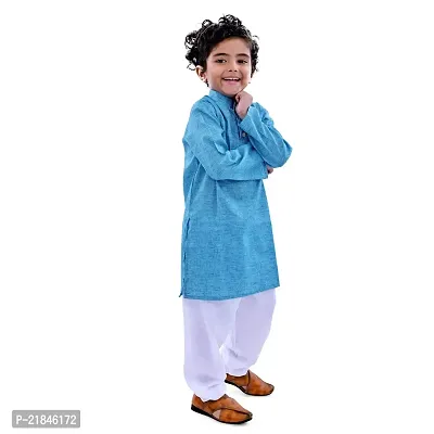 JAAMSO ROYALS Ethnic Sky Blue Wear Cotton Blend Full Sleeve Plain Only Kurta For Kids-thumb3