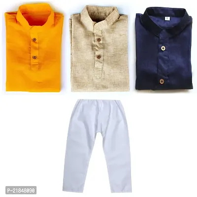 Trender Ethnic Wear Navy Blue, Yellow and Cream Color Rayon Full Sleeve Plain Kurta and One Pyjama (Pack of 4)-thumb2