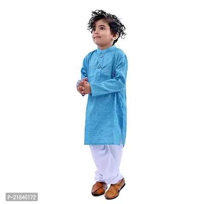 JAAMSO ROYALS Ethnic Sky Blue Wear Cotton Blend Full Sleeve Plain Only Kurta For Kids