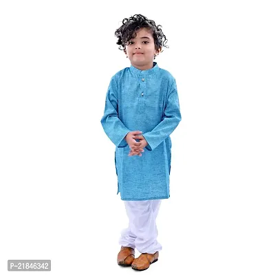 JAAMSO ROYALS Ethnic Sky Blue Wear Cotton Blend Full Sleeve Plain Only Kurta For Kids-thumb2