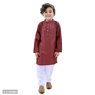 Trender Ethnic Wear Marron Cotton Blend Full Sleeve Plain Only Kurta For Kids-thumb0