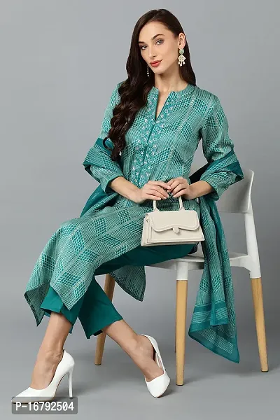 Vaamsi Straight Green Printed Silk Blend Kurta, Bottom and Dupatta Set VKSKD1814-thumb3