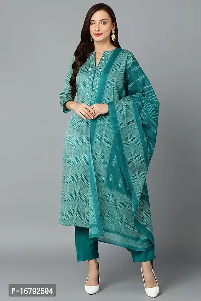 Vaamsi Straight Green Printed Silk Blend Kurta, Bottom and Dupatta Set VKSKD1814-thumb0