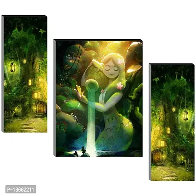 Natural Forest Beauty with mermaid Jal Paree Self Adhesive MDF Wall Art Painting- 3 Pieces