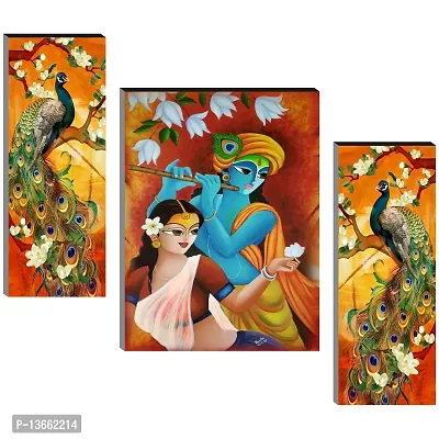 Radha Krishna with Peacock UV Textured Self Adhesive MDF Religious Wall Art Painting- 3 Pieces