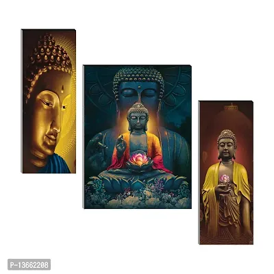 Buddha Self Adhesive MDF Religious Wall Art Painting- 3 Pieces