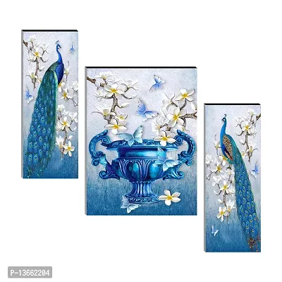 Couple Peacock with Flower Pot UV Textured Home Decorative Gift Item Self Adhesive Painting- 3 Pieces