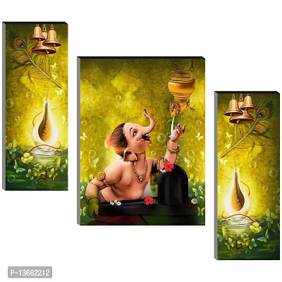 Ganesh Ji UV Textured Self Adhesive MDF Religious Wall Art Painting- 3 Pieces-thumb0