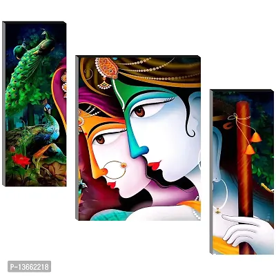 Radha Krishna with Couple Peacock and Flute UV Textured Self Adhesive MDF Wall Art Painting- 3 Pieces