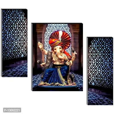 Ganesh Ji UV Textured Self Adhesive MDF Religious Wall Art Painting- 3 Pieces