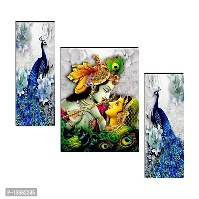 Radha Krishna with Peacock Self Adhesive MDF Religious Wall Art Painting- 3 Pieces