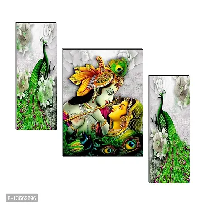 Radha Krishna with Peacock Self Adhesive MDF Religious Wall Art Painting- 3 Pieces-thumb0