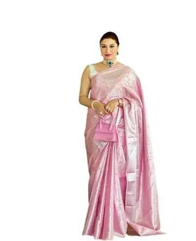 ROBES NEW ARRIVAL Women's Solid LITCHI SILK 5.5 Meter Saree with Unstitched Blouse Piece [PINK}