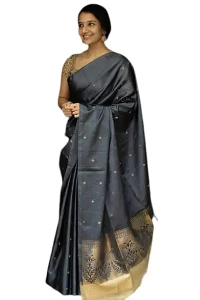 ROBES NEW ARRIVAL Women's Solid LITCHI SILK 5.5 Meter Saree with Unstitched Blouse Piece (Light grey)