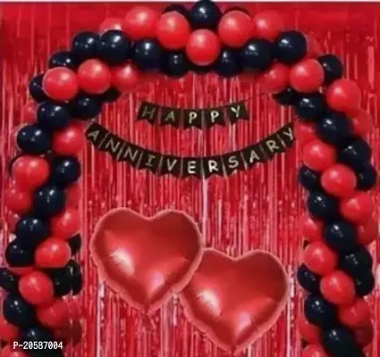 1 PSC Happy anniversary banner - 2pcs RED curtain - 2pcs RED heart foil - 30pcs metallic balloons (RAD And BLACK ) with ribbon And included.-thumb0