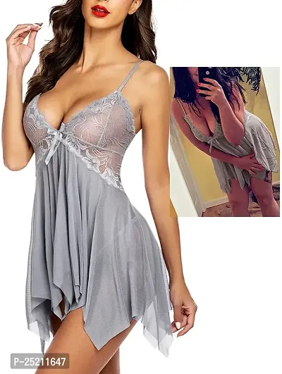 Looks United Women Net Nightwear Sleepwear Babydoll with G-String (Free Size, Grey)-thumb0