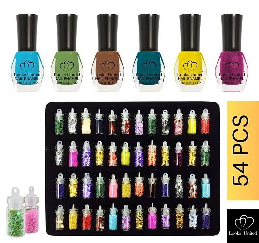 Looks United 6 Nail Polish And 48 Mini Bottles 3D Nail Art Kit, Glitter Sequins with 80 Glamming Shades Long Lasting without Chipping Smooth high Gloss Finish