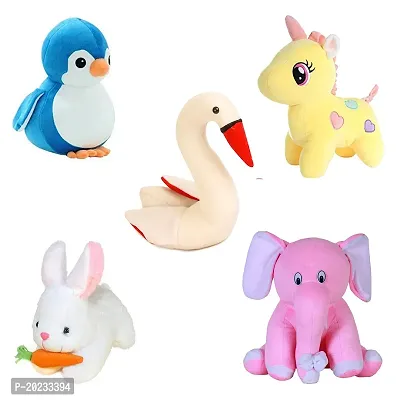 Soft Toys Combo of 5 Toys Pink Elephant, Unicorn, Penguin, Rabbit and Swan