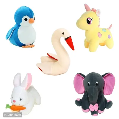 Soft Toys Combo of 5 Toys Grey Elephant, Unicorn, Penguin, Rabbit and Swan