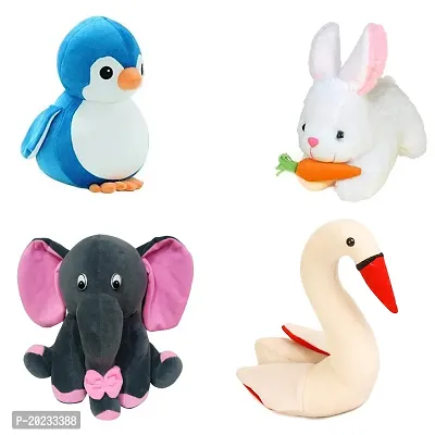 Soft Toys Combo for Kids 4 Toys Grey Baby Elephant, Rabbit with Carrot, Penguin and Swan