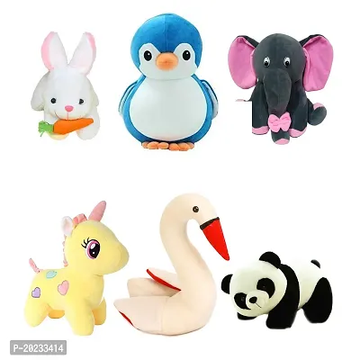 Soft Toys Combo for Kids 6 Toys Grey Elephant, Unicorn, Penguin, Rabbit, Panda and Swan