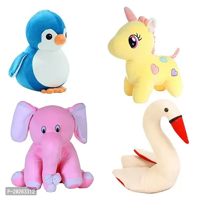 Soft Toys Combo for Kids 4 Toys Pink Baby Elephant, Unicorn, Penguin and Swan