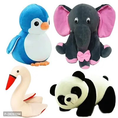 Soft Toys Combo for Kids 4 Toys Panda, Grey Baby Elephant, Penguin and Swan